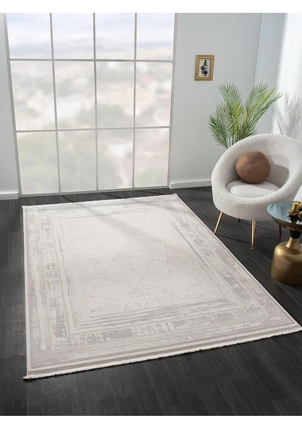 Truva TV013A Bej Halı Geometrik Desen Kenar Çerçeveli Kalın Akrilik Tozuaz Modern Salon Halısı modelleri