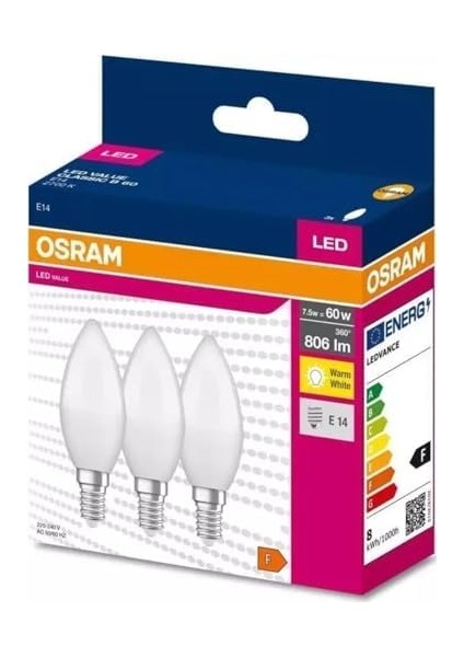 LED Value CLB60 7,5W/827 3'lü E14 Duy Sarı Işık 2700K LED Mum Ampul fiyatları