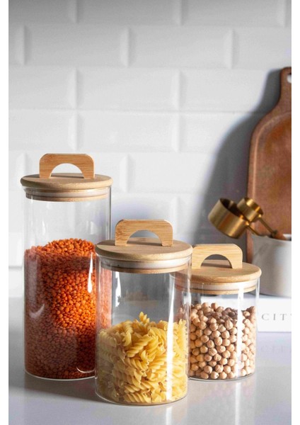 3'lü Bambu Vakumlu Cam Kavanoz Seti - Şık ve Kullanışlı Saklama Çözümleri
