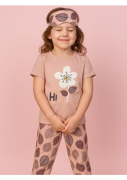 Kız Çocuk Pamuklu Kısa Kol Çiçek Desenli Pijama Takım(Uyku Bandı Dahil)