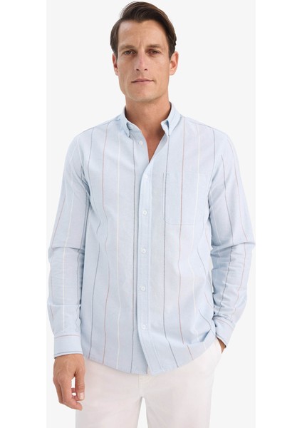 %100 Pamuk Regular Fit Polo Yaka Çizgili Cepli Pamuklu Uzun Kollu Gömlek E7892AX25AU modelleri