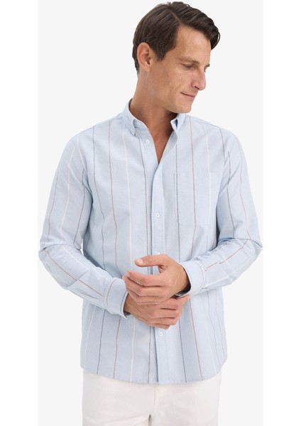 %100 Pamuk Regular Fit Polo Yaka Çizgili Cepli Pamuklu Uzun Kollu Gömlek E7892AX25AU fırsatları