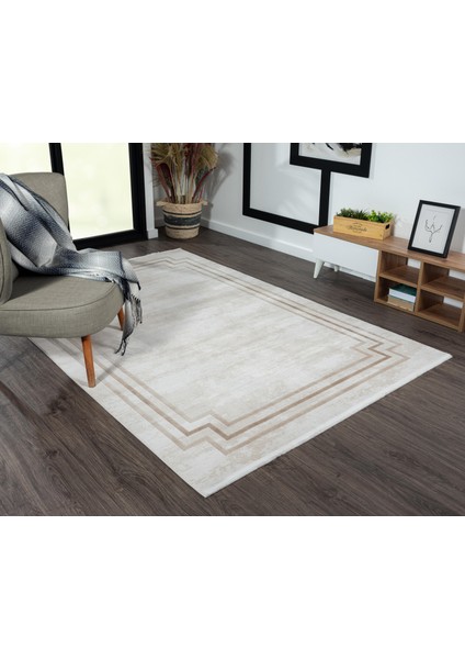 Merit MR004A Krem Halı Kahverengi Kenar Çerçeveli Ince Yumuşak Akrilik Tozuaz Modern Salon Halısı modelleri