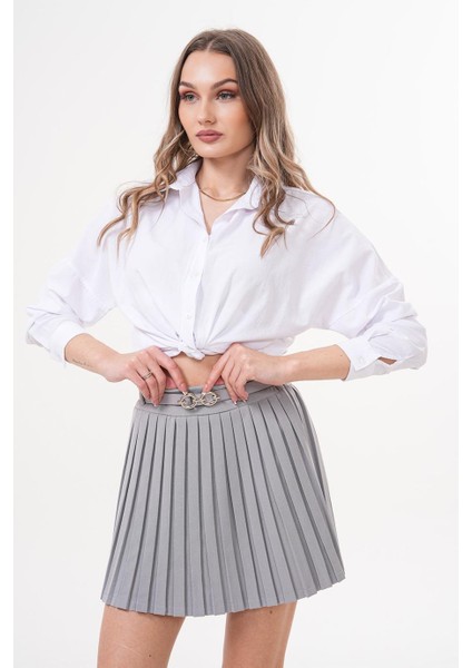Kemerli Pileli Mini Gri Etek - KED1001