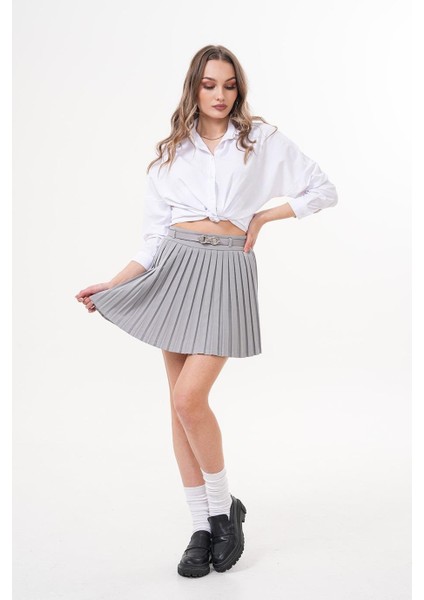 Kemerli Pileli Mini Gri Etek - KED1001 fiyatları