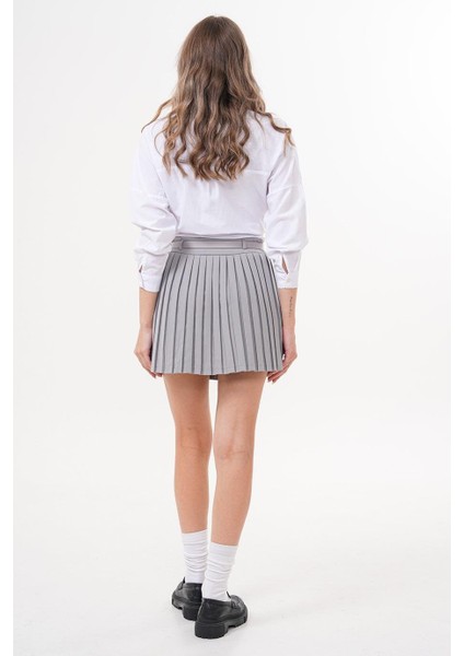 Kemerli Pileli Mini Gri Etek - KED1001 fırsatları