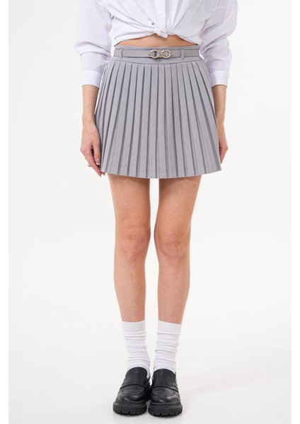 Kemerli Pileli Mini Gri Etek - KED1001 indirimleri
