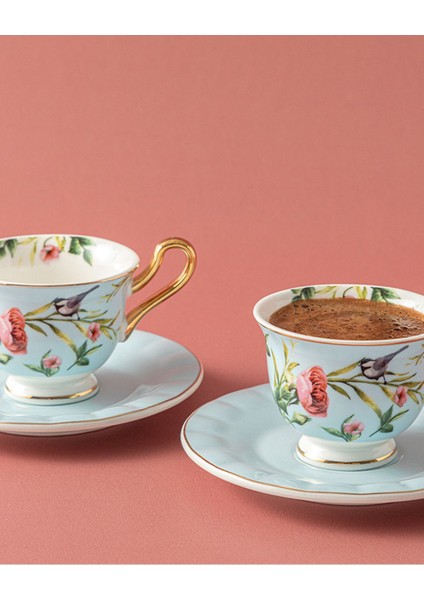 Açık Mavi 4'lü Bone China Kahve Fincan Takımı, 2 Kişilik