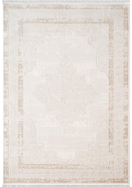 Etro ET001W Krem Klasik Modern Çerçeveli Göbekli Desen Parlak Ağır Salon Halısı Ipek Serisi