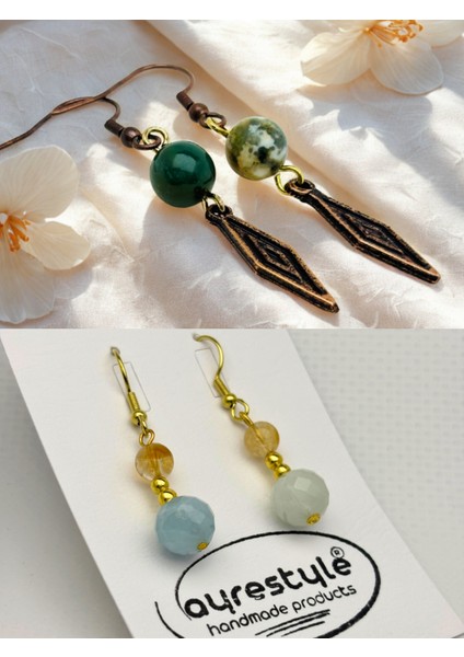 Hint Akiki & Akuamarin &sitrin Doğal Taşlı 2'li Küpe Seti