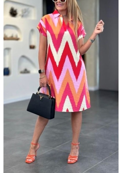 Omuz Drapeli Polo Yaka Keten Elbise