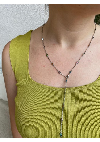 Çelik Renkli Taşlı Kare Y Model Ayarlanabilir Silver Kolye
