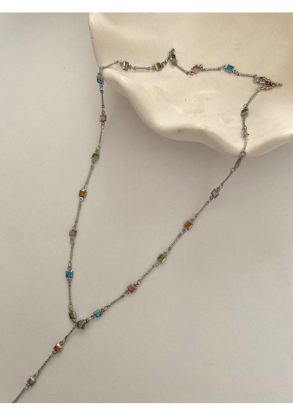 Çelik Renkli Taşlı Kare Y Model Ayarlanabilir Silver Kolye fiyatları