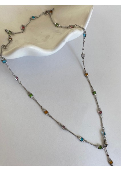 Çelik Renkli Taşlı Kare Y Model Ayarlanabilir Silver Kolye modelleri