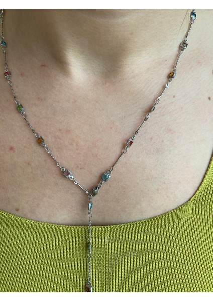 Çelik Renkli Taşlı Kare Y Model Ayarlanabilir Silver Kolye fırsatları