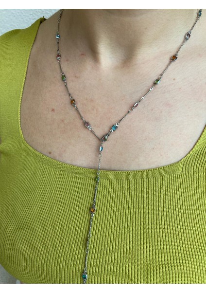 Çelik Renkli Taşlı Kare Y Model Ayarlanabilir Silver Kolye indirimleri