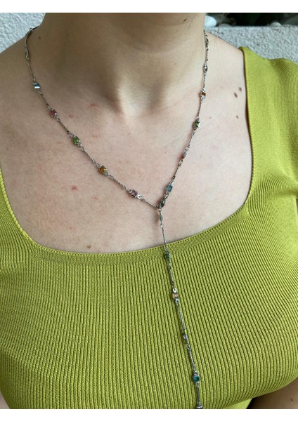 Çelik Renkli Taşlı Kare Y Model Ayarlanabilir Silver Kolye