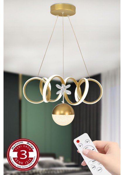 3 Renk Toplu Kumandalı Gold Kasa Dimmerli Kıvrımlı LED Avize, Şık ve Modern Tasarım