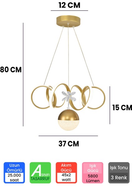 3 Renk Toplu Kumandalı Gold Kasa Dimmerli Kıvrımlı LED Avize, Şık ve Modern Tasarım fiyatları