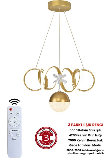 3 Renk Toplu Kumandalı Gold Kasa Dimmerli Kıvrımlı LED Avize, Şık ve Modern Tasarım modelleri