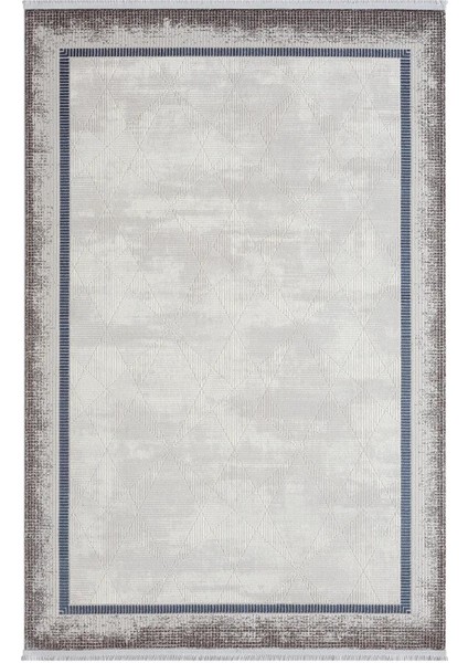 Dark DK012M Gri Halı Lacivert Kenar Çerçeveli Geometrik Detaylı Akrilik Tozuaz Modern Salon Halısı