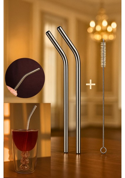 Paslanmaz Çelik Metal Pipet Seti – 2 Adet Eğik Pipet + Temizleme Fırçası