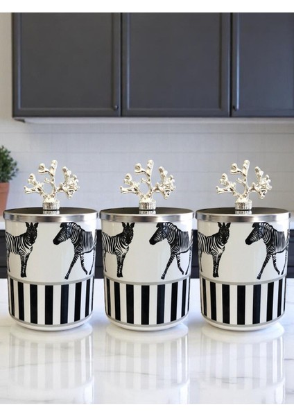 Zebra Desenli 3'lü Baharatlık Silindir Set, 750 Ml, Gümüş, Şık ve Pratik Tasarım