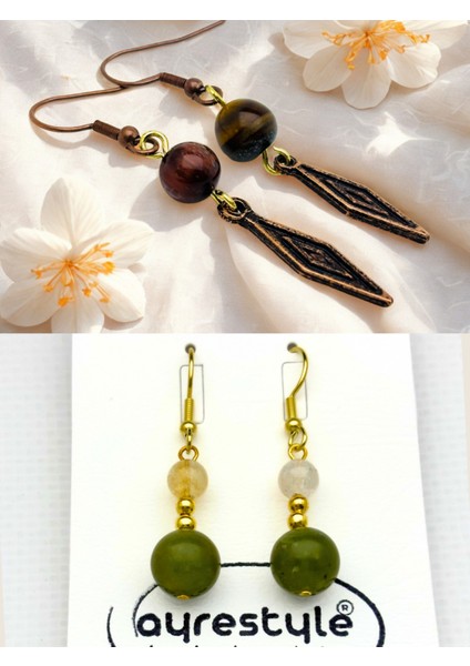 Kaplan Gözü & Yeşim & Sitrin Doğal Taşlı 2'li Küpe Seti