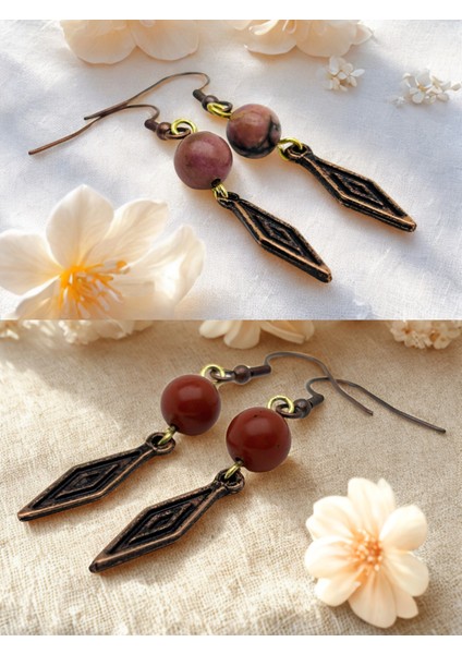 Rodonit & Jasper Doğal Taşlı 2'li Küpe Seti