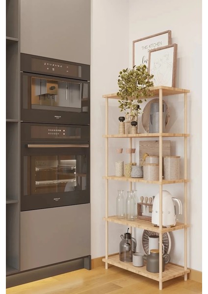 HC Atölye Ahşap Atölyesi Dekoratif 5 Raflı Ahşap Ayaklı Kitaplık Çocuk Oyun Odası Rafı - Atlantik Çam indirimleri