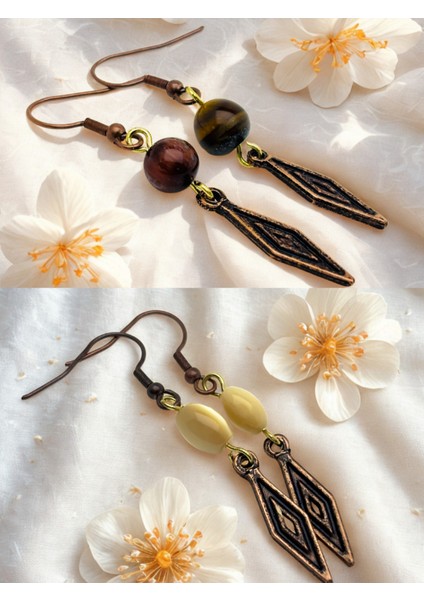 Kaplan Gözü & Sedef Doğal Taşlı 2'li Küpe Seti