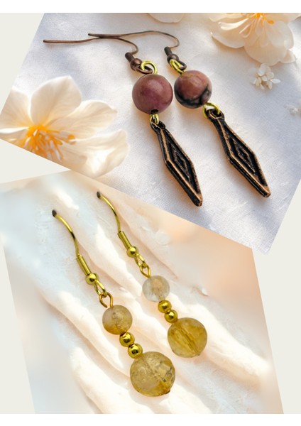 Rodonit & Sitrin Doğal Taşlı 2'li Küpe Seti