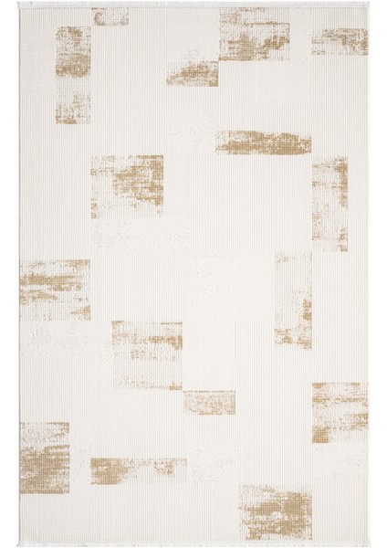Truva TV035S Krem Rengi Halı Gold Geometrik Detaylı Akrilik Yumuşak Modern Salon Halısı