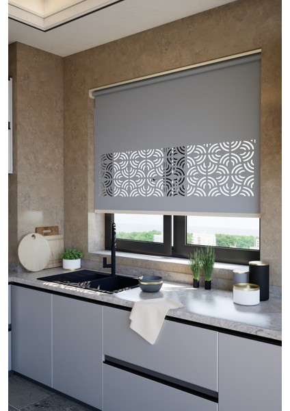 Lazer Kesim Mat Stor Perde, Lazer Kesimli Modern Serisi, M-171004 Antrasit Renk