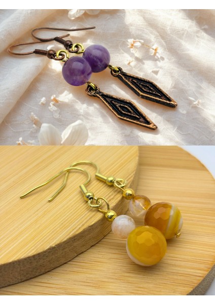 Ametist & Akik & Sitrin Doğal Taşlı 2'li Küpe Seti