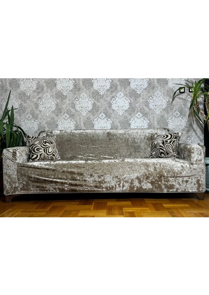 Bej Kadife Lastikli 3kişilik Koltuk Örtüsü, Şık ve Rahat Koruma