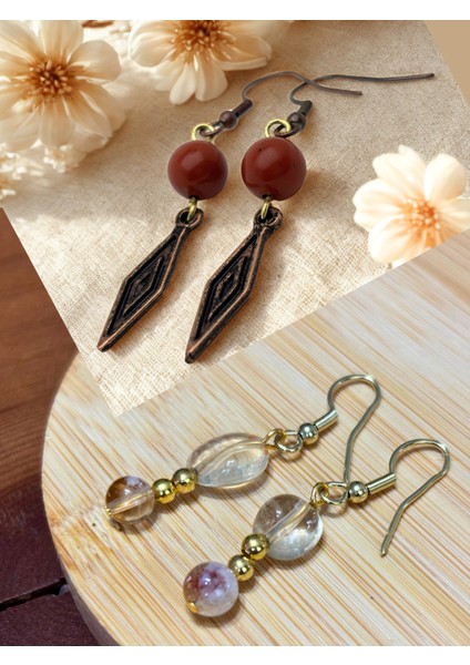 Jasper & Sitrin Doğal Taşlı 2'li Küpe Seti