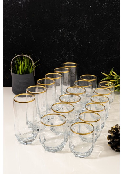 Yaldızlı 18 Parça Cam Su Bardağı Seti, 215-385 Cc, Şık ve Zarif Tasarım