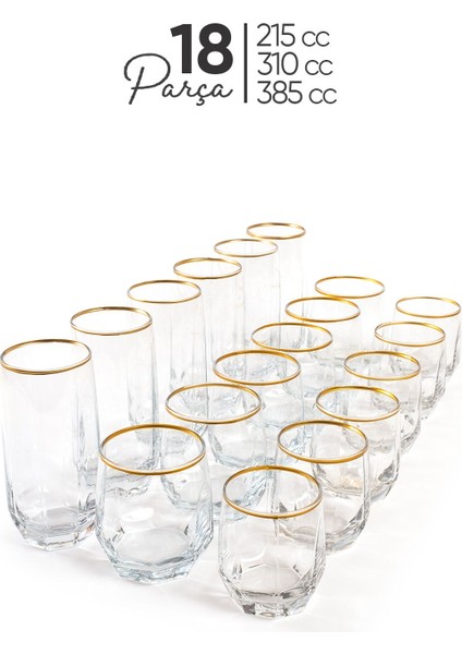 Yaldızlı 18 Parça Cam Su Bardağı Seti, 215-385 Cc, Şık ve Zarif Tasarım fırsatları