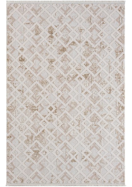 Kaftan KF008A Bej Halı Kahverengi Detaylı Geometrik Kabartma Desenli Akrilik Halı Tozuaz