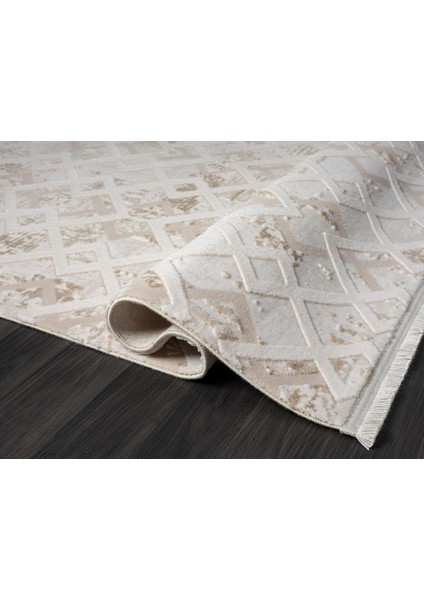 Kaftan KF008A Bej Halı Kahverengi Detaylı Geometrik Kabartma Desenli Akrilik Halı Tozuaz fırsatları