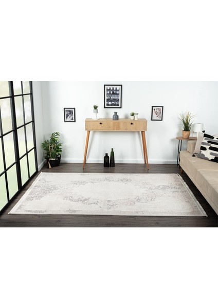 Truva 8355 Krem Halı Bej Gri Detaylı Kenar Çerçeveli Göbekli Kalın Akrilik Tozuaz Modern Klasik Halı modelleri