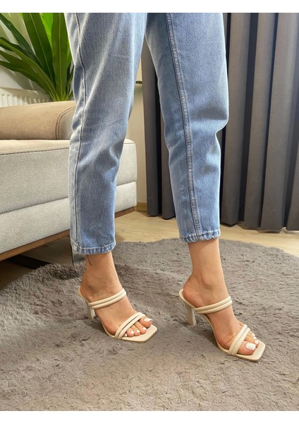 Kadın Eliz Krem Cilt 9 cm Kadeh Topuklu Terlik-Ayakkabı fırsatları