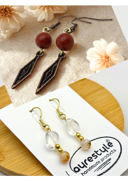 Jasper & Kuvars & Sitrin Doğal Taşlı 2'li Küpe Seti