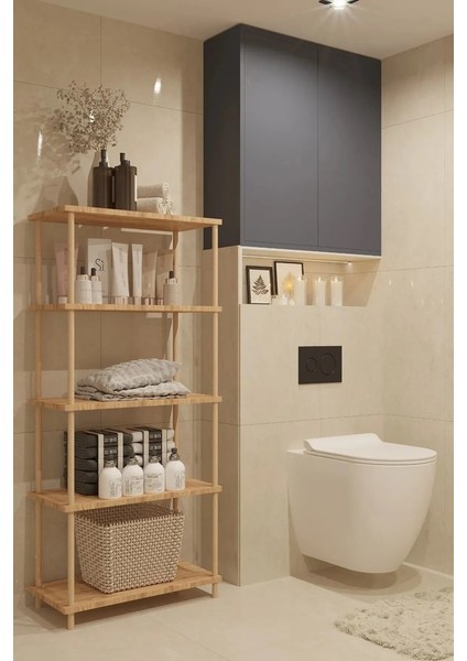 HC Atölye Ahşap Atölyesi Dekoratif 5 Raflı Ahşap Ayaklı Kitaplık Banyo Rafı - Atlantik Çam