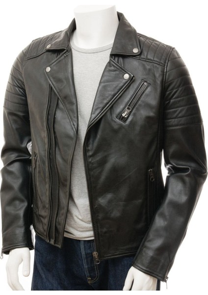 Hakiki Deri Siyah Erkek Deri Biker Ceket: Buckerell