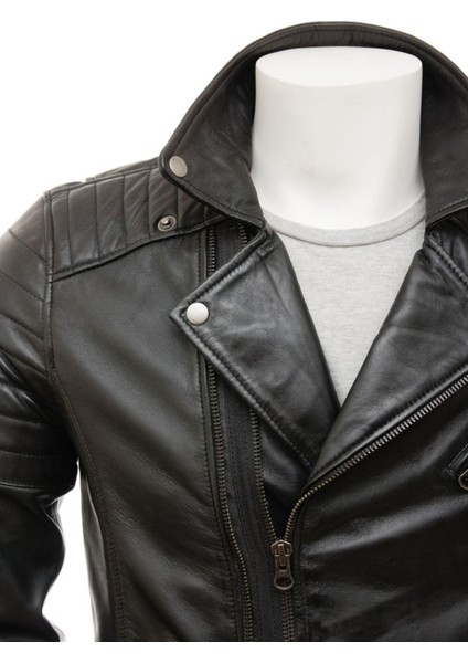Hakiki Deri Siyah Erkek Deri Biker Ceket: Buckerell modelleri