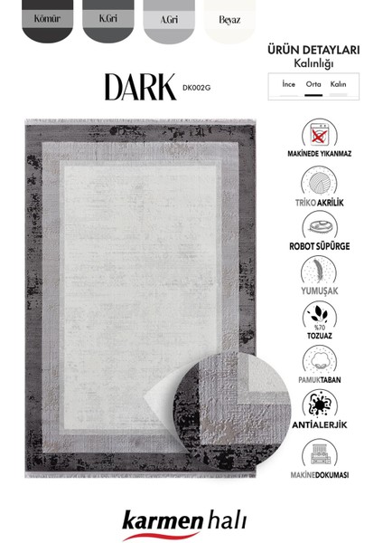 Dark DK002G Gri Halı Antrasit Kenar Çerçeveli Akrilik Tozuaz Modern Salon Halısı Yatak Odası indirimleri