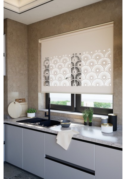 Lazer Kesim Mat Stor Perde, Lazer Kesimli Modern Serisi, M-121003 Açık Kahverengi Renk