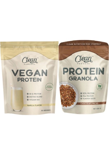Vegan Protein 600 gr - Vanilya - Protein Granola 300 gr - Çikolata Parçacıklı 2'li Set